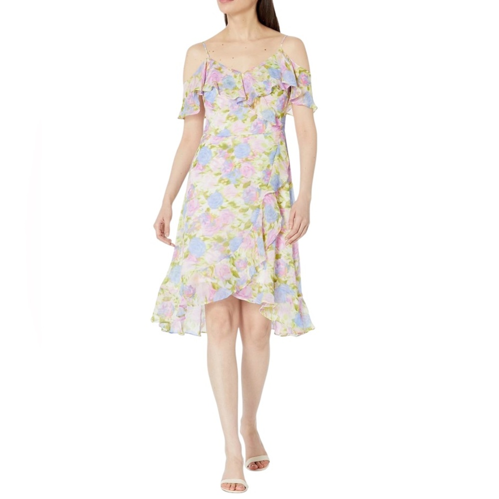 London Times Pastel Floral Cold Shoulder Ruffle Dress Size 8